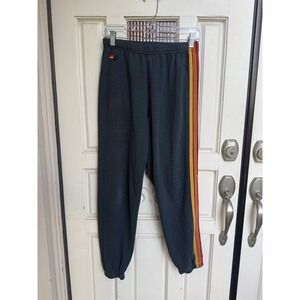 Aviator Nation Womens 5-Stripe Sweatpants Dark Blue Rainbow Joggers Size Medium